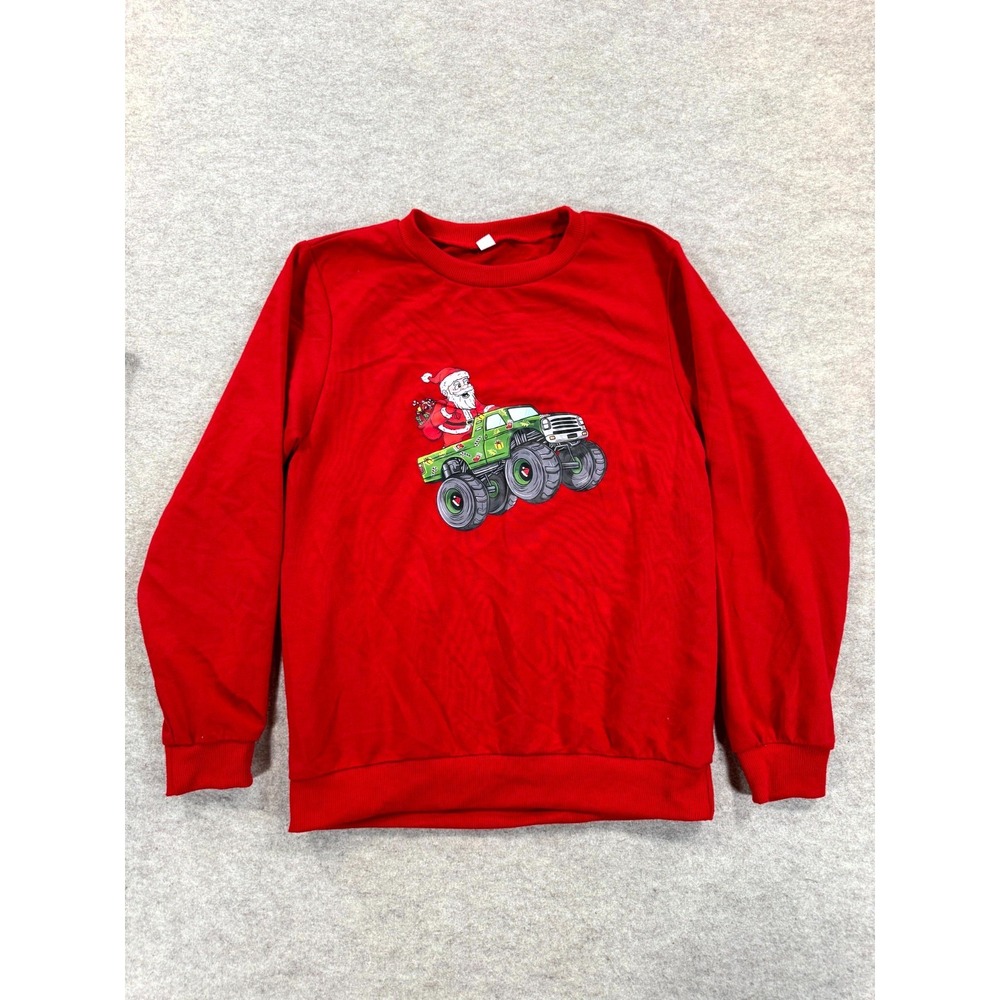 Kids Sweatshirt 11-12 Years Red Santa Claus Riding A Green Monster Truck Graphic